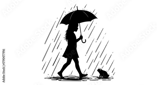 Silhouette of girl with umbrella walking in rain next to a small frog