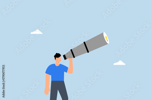 Product discovery, entrepreneur peers through telescope to discover bright idea.
