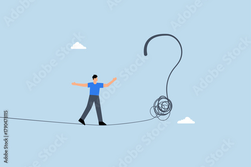 Uncertainty,  businessman acrobat rope walking to find question mark.