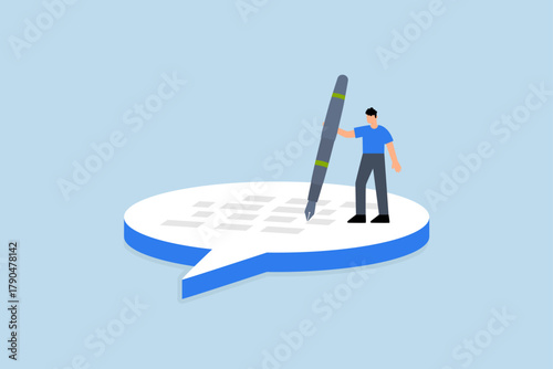 Written communication, businessman writing message on speech bubble.