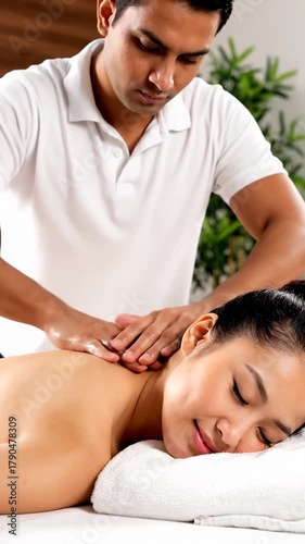 Male Therapist Massaging Woman's Shoulders and Neck in a Spa