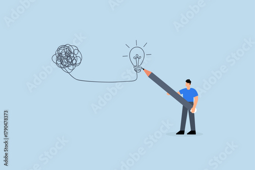 Creativity to solve problem, business man draw lightbulb from messy knot.