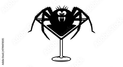 Cartoon spider with fangs sitting inside of a martini glass outline