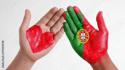 Two hands painted with a red heart and the Portuguese flag against white background, symbolizing unity, independence, and national pride for Portugal’s Independence Day concept