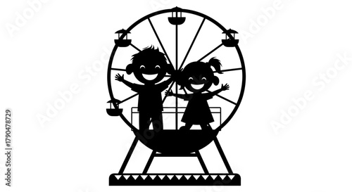 Silhouette of children riding a ferris wheel on a white background