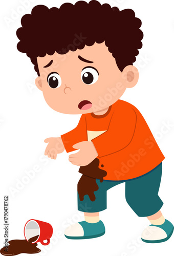 A young boy stand and the coffee falling to the ground