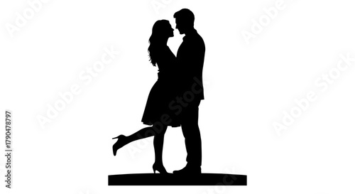 Silhouette of a couple embracing each other on a white background