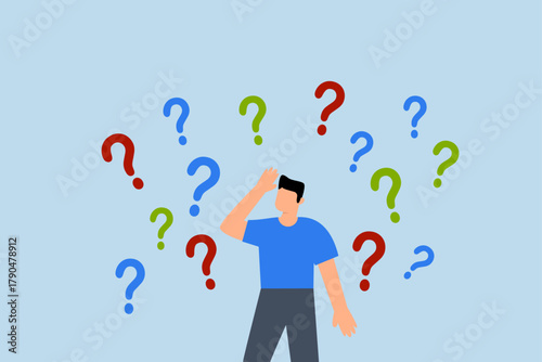 Ask questions, contemplation businessman thinking with question marks.