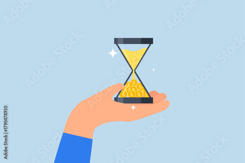 Time is money, businessman hand holding hourglass with sand falling to money.