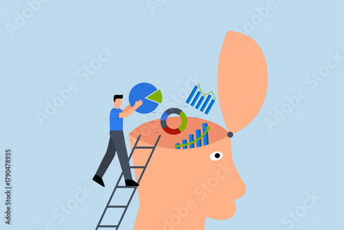 Data scientist, businessman put graph diagram report on human head brain.