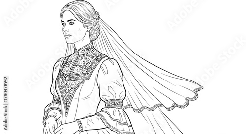 Line art of a woman in a wedding dress with a veil looking to left