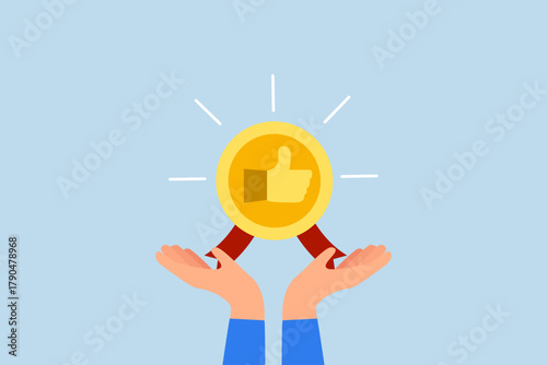 recommendation for employee, businessman hand giving thumb up honor endorsement badge.