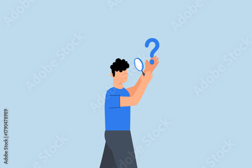 Problem analysis, businessman analyze question mark with magnifying glass.
