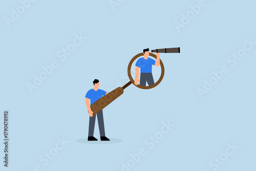 Search and discovery career opportunity, businessman with magnifying glass help search job.