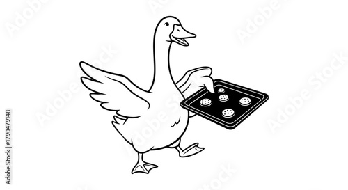 Cartoon goose carrying a tray of cookies on a white background image