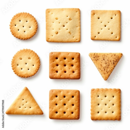 Wallpaper Mural A neatly arranged assortment of various crackers in different shapes and textures, showcasing their golden-brown color and unique designs. Torontodigital.ca