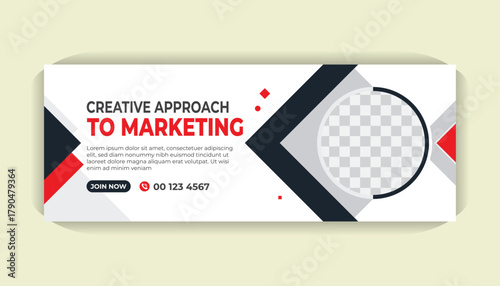 Corporate Facebook cover page template with bold red graphic shapes, editable text, photo area and minimalist white backdrop
