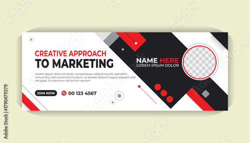 Corporate Facebook cover page template with bold red graphic shapes, editable text, photo area and minimalist white backdrop
