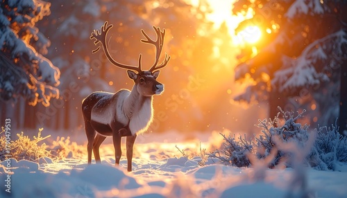 Deer stands majestically in a wintery forest. Snow-covered trees and golden sunlight add to the serene, magical setting