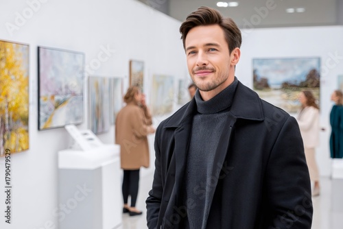Free Download Man enjoying art exhibition and modern paintings in gallery - GFXLoad