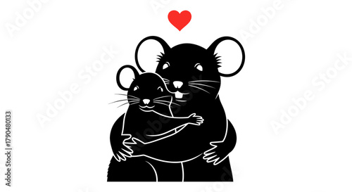 Two black silhouette rats hugging under a red heart on white background