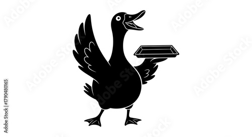 Black and white illustration of a goose holding a tray in its wing