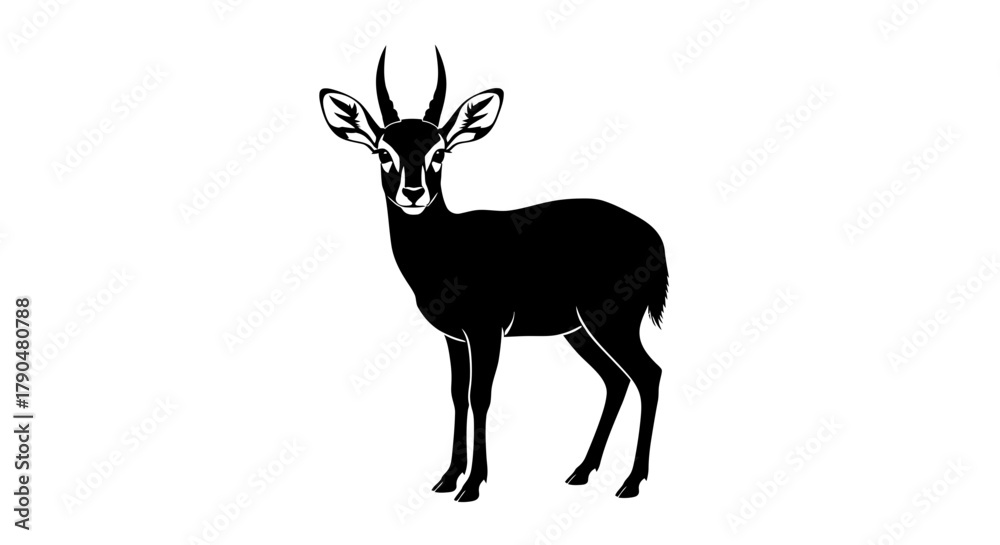 Obraz premium Black silhouette of a standing antelope with horns on white background