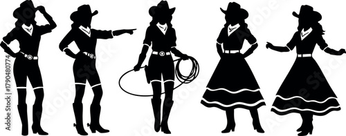 Silhouettes of cowgirl figures in various poses with hats, boots, dresses, and lasso vector illustration