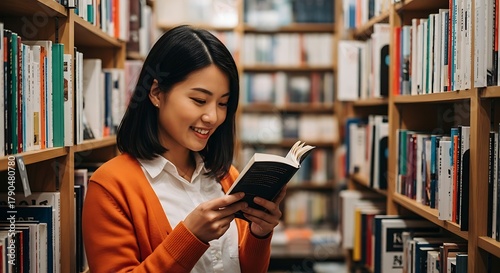 Young woman happily reading a small book amongst library shelves