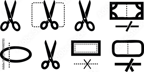 Scissors cutting guide icons for vector illustration of cutting and trimming symbols with dashed lines and folds