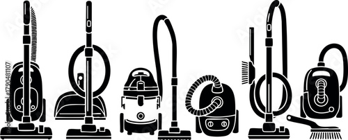Vacuum Cleaner Silhouettes Different Styles Household Cleaning Tools Vector Illustration