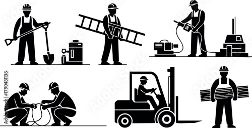 Construction workers using tools lifting heavy materials operating forklift and machinery vector illustration