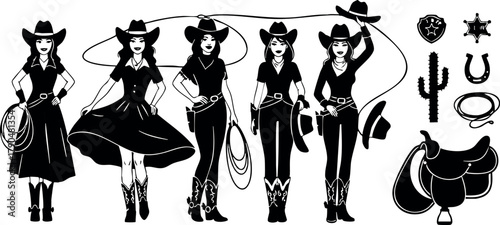 Cowgirl silhouettes with western accessories lasso boots hat dress vector illustration set