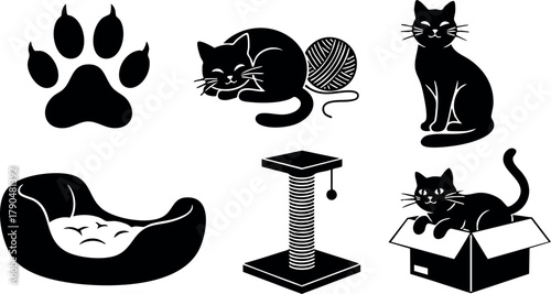Cat silhouette collection featuring sleeping cat, sitting cat, paw print, scratching post, cozy bed, playful kitten in box vector illustrations