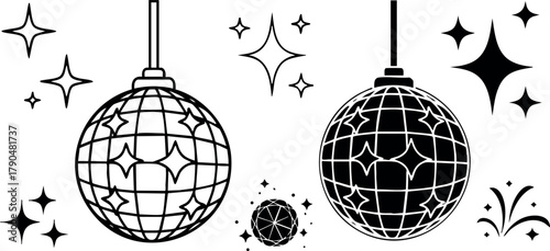 Disco balls with sparkling stars decoration vector art black and white design party celebration illustration