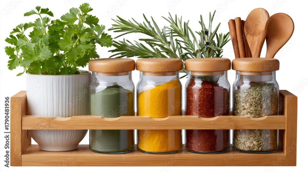 Fototapeta premium Kitchen herbs and spices on wooden rack