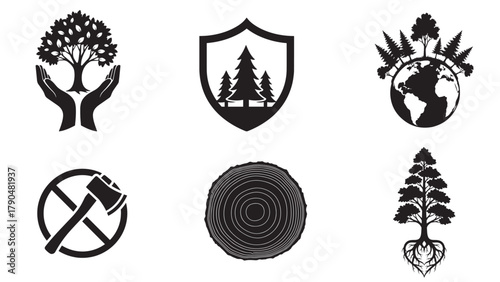 forest and tree conservation silhouettes collection minimal black eco nature protection vector icon set