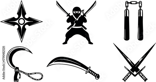 Ninja weapons collection shuriken, nunchaku, kama, katana, sai, ninja silhouette vector illustration