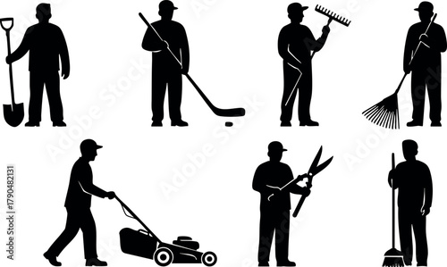 Gardening silhouette vector set with lawn mower, rake, shovel, hedge trimmer, and broom in black flat design