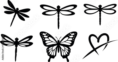 Dragonfly and butterfly silhouette vector set with heart design for nature and wildlife themes