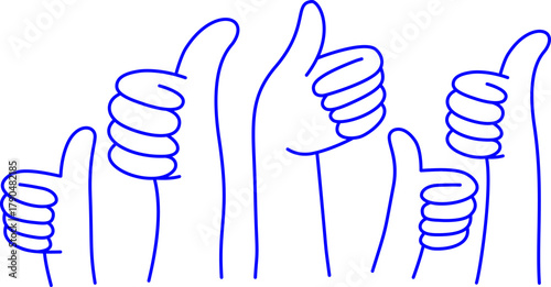 Simple blue line drawing of multiple hands making the thumbs up gesture, representing approval, success, and positive feedback; ideal for social media and customer satisfaction concepts