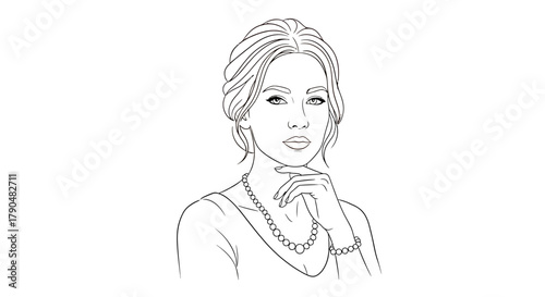 Woman with brown hair and pearl jewelry resting her chin on her hand