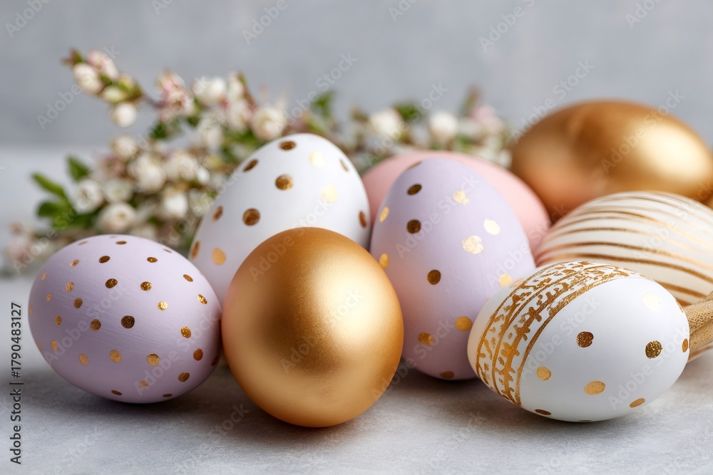 Obraz premium Decorative Easter eggs with golden details and spring flowers
