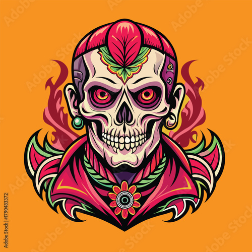 Stylized skull with ornate red and green embellishments on orange background