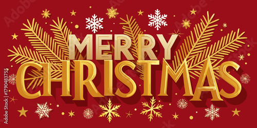 Christmas or New year and 2021, 2022. Mobile gold inscription MERRY CHRISTMAS on the background of red-brown. Christmas tree branches with gold and frozen snowflakes