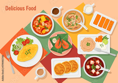 A vibrant top-down illustration showcases a diverse spread of appetizing meals, from savory soups and seafood to breakfast items, on a geometric tablecloth