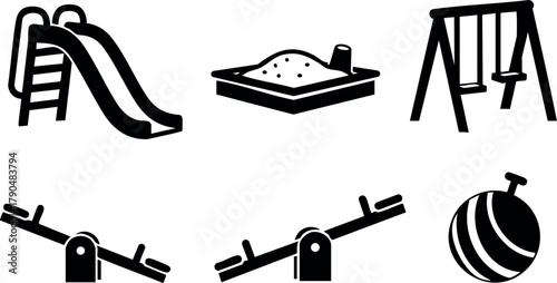 Playground equipment icons featuring slide sandbox swings seesaw and ball vector design for children play areas