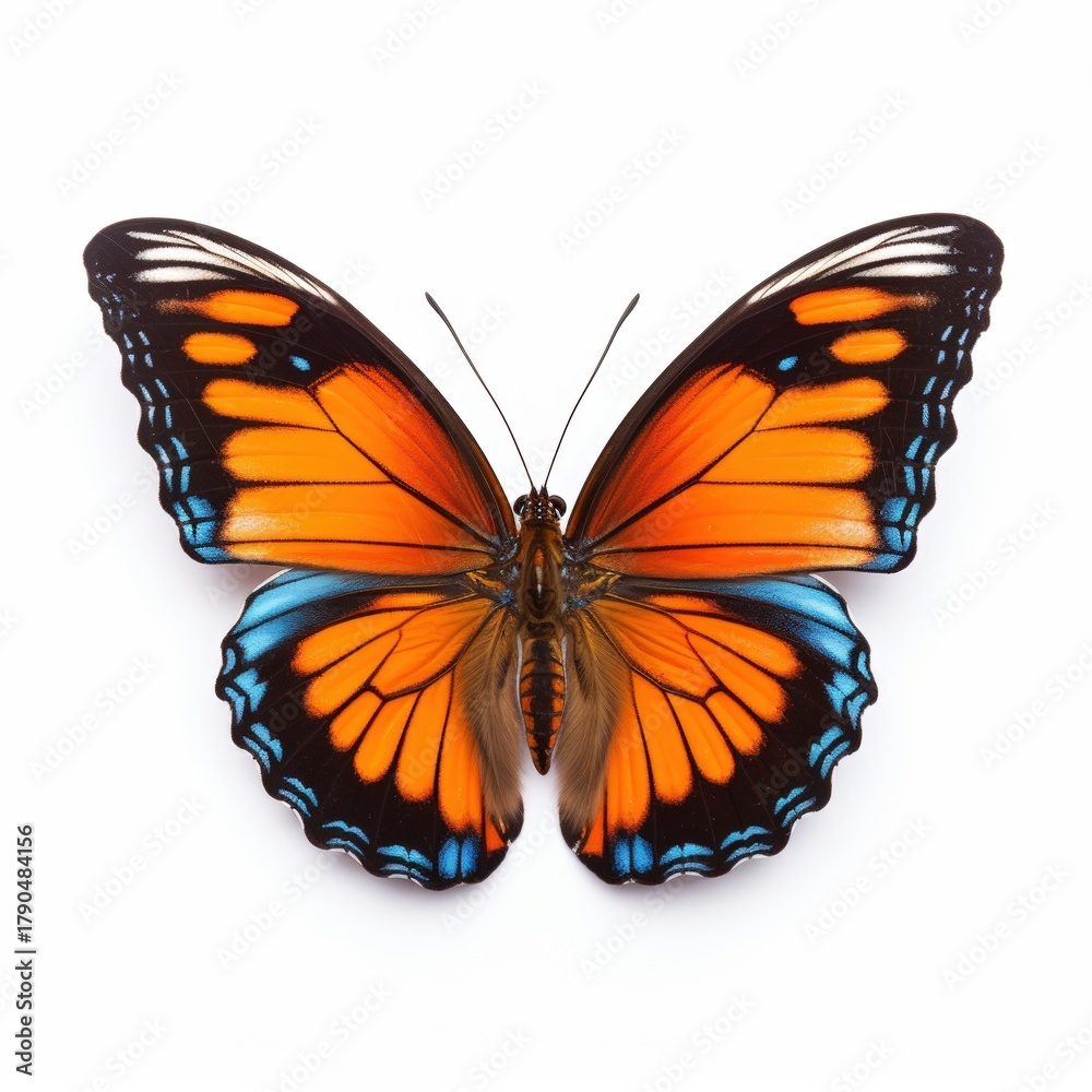 Obraz premium A vibrant orange and blue butterfly with intricate patterns, showcasing nature's beauty and diversity.