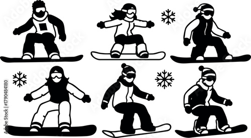 Snowboarders in action winter sports vector collection with six dynamic snowboard riders in black and white