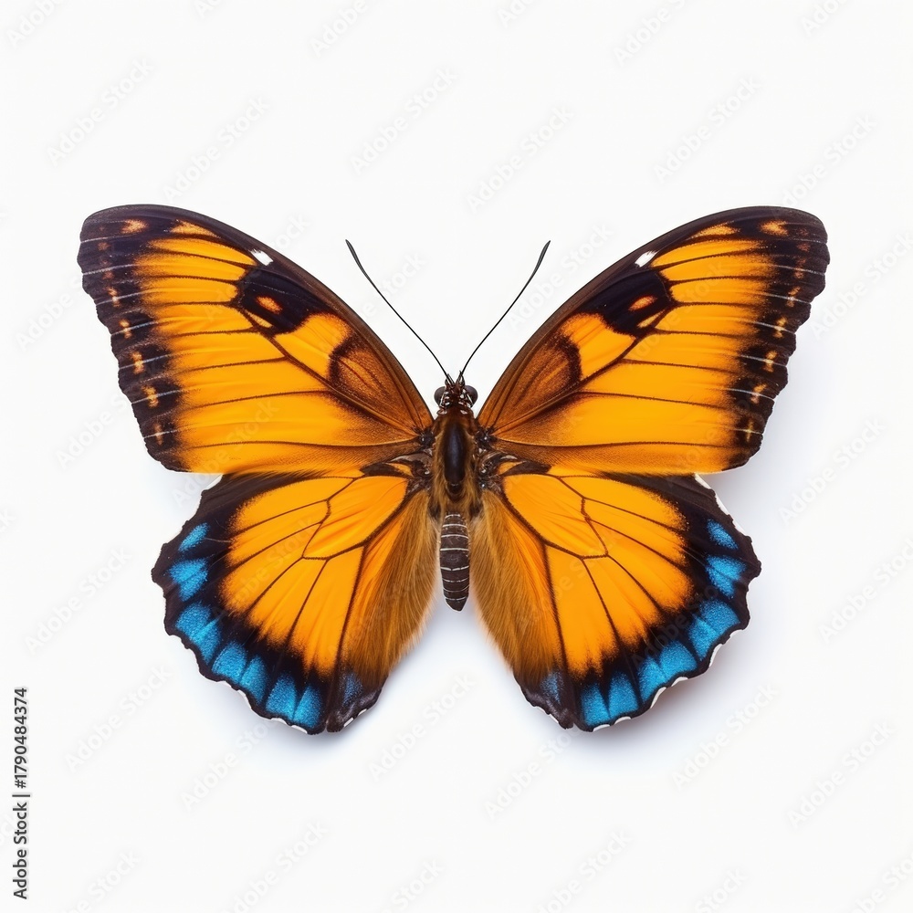 Obraz premium A vibrant butterfly with striking orange and blue wings, showcasing intricate patterns and delicate features.